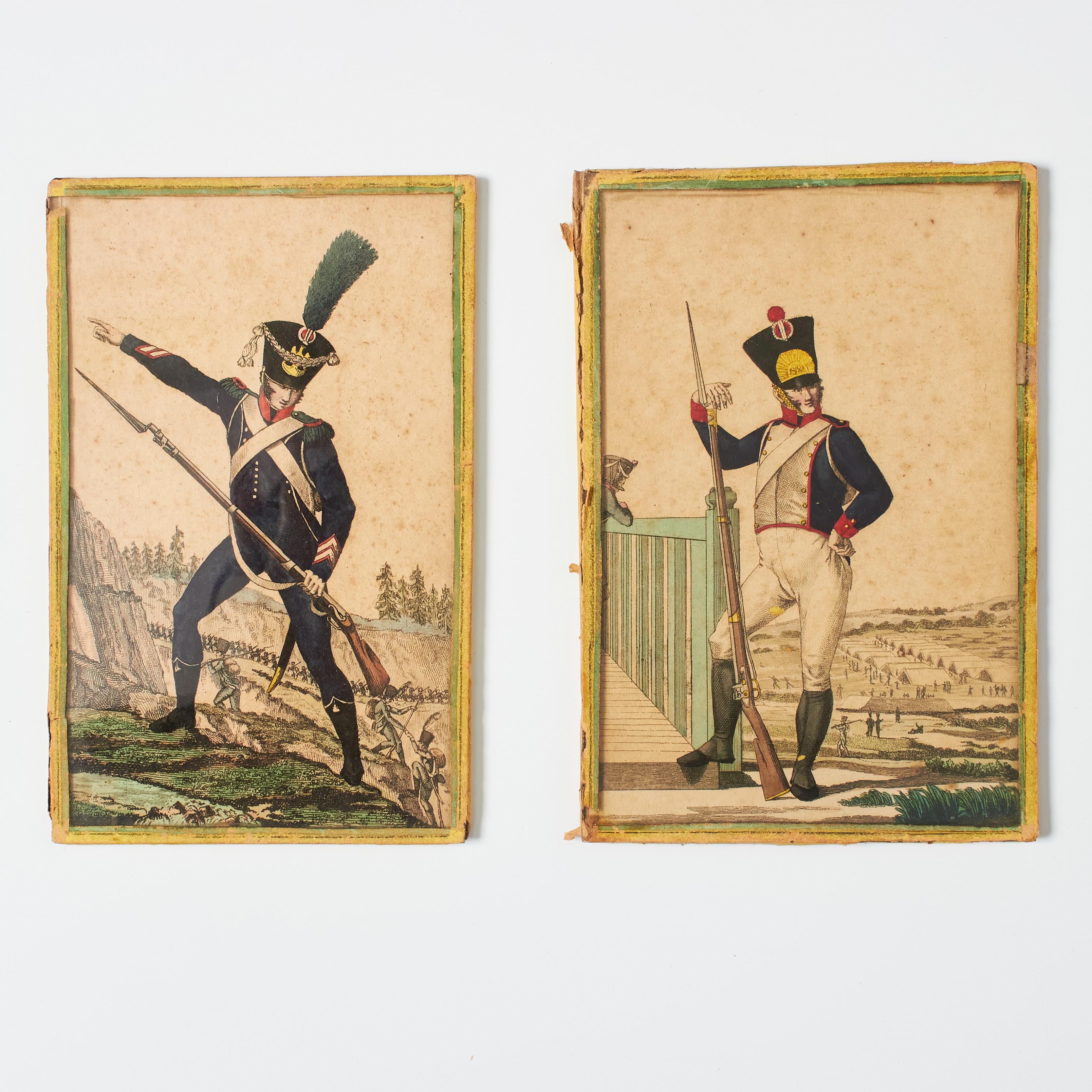 Explore military history through our enchanting pair of vintage 20th-century soldier engravings. Adorned with delicate colors, a beautiful patina, and framed in light yellow paper with protective glass, these artworks evoke the essence of a bygone