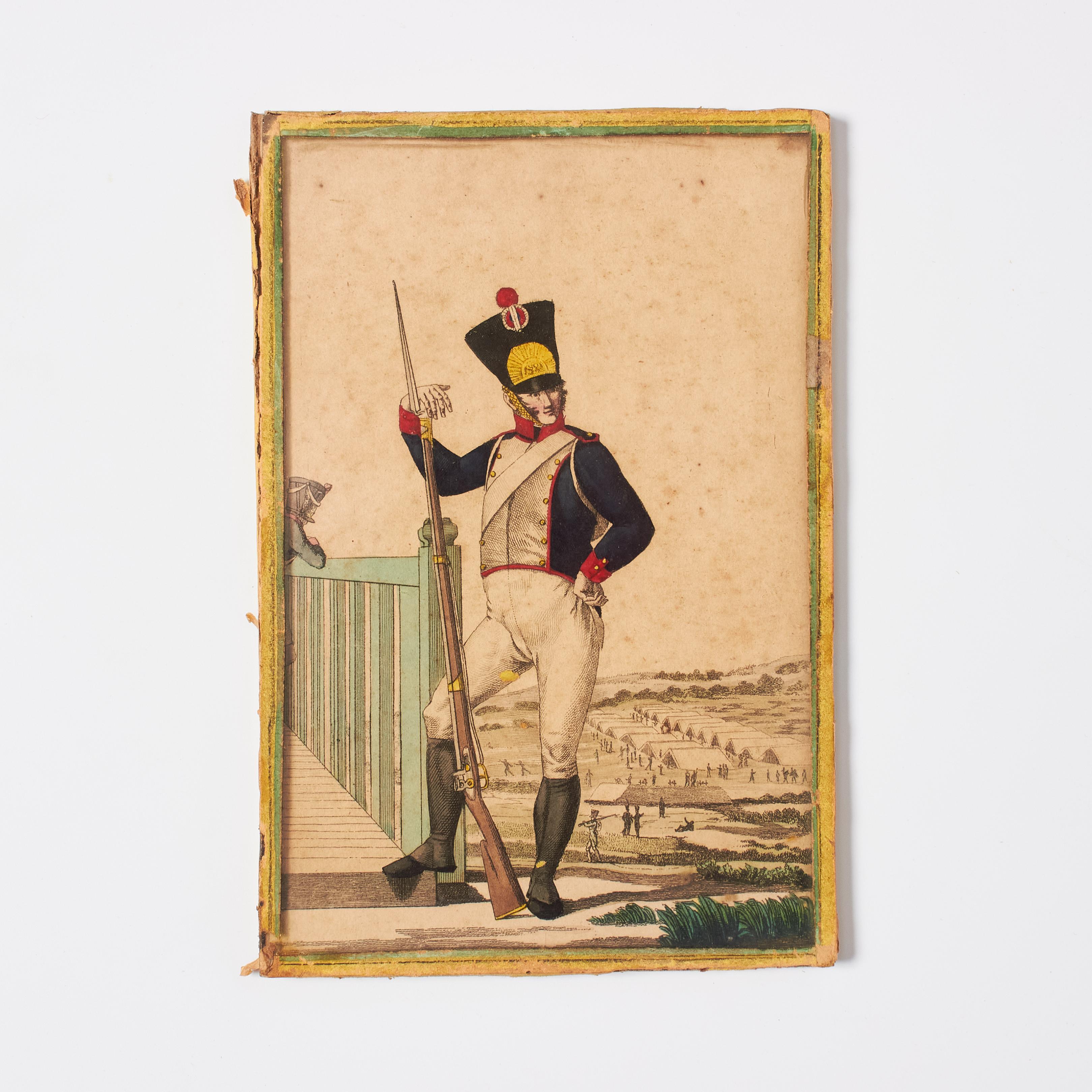 Paar Gravuren von Soldaten des 20. Jahrhunderts: zarte Farben und Patina, Vintage (Französisch) im Angebot