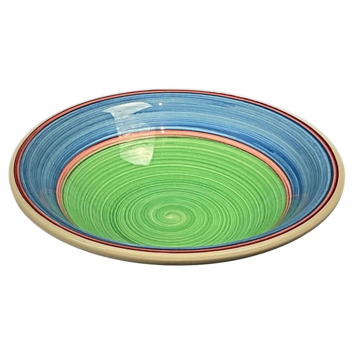 Plato recogedor vintage de cerámica azul y verde en espiral del siglo XX - 2Y317
