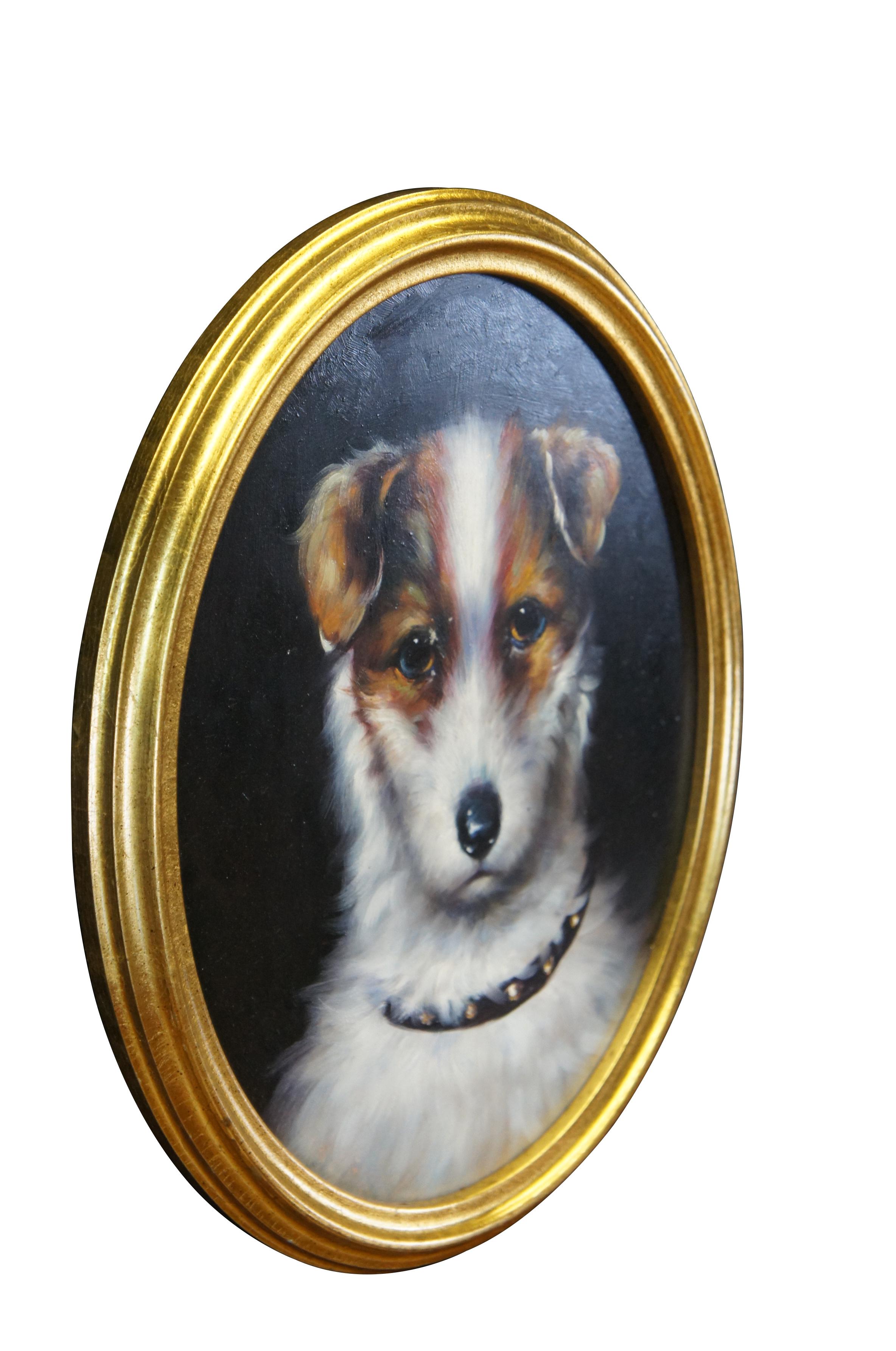 A lovely 20th century oil painting of a Terrier with black studded collar over a black background.  The painting is on an oval board and framed in a gold wooden frame.  

Dimensions:
16