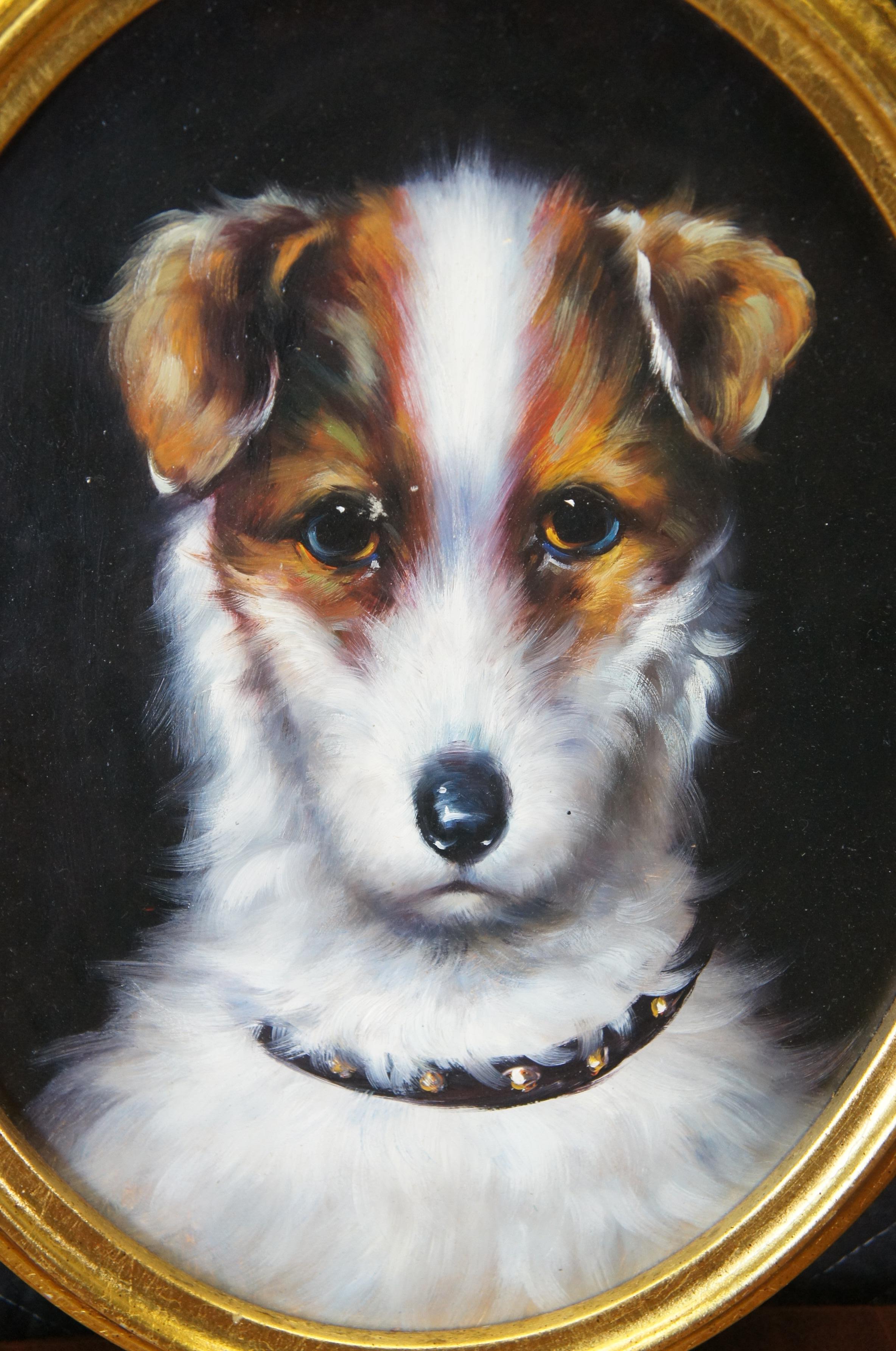 Hardwood Vintage 20th Century Terrier Portrait Oil Painting on Board Gold Frame Realism  For Sale