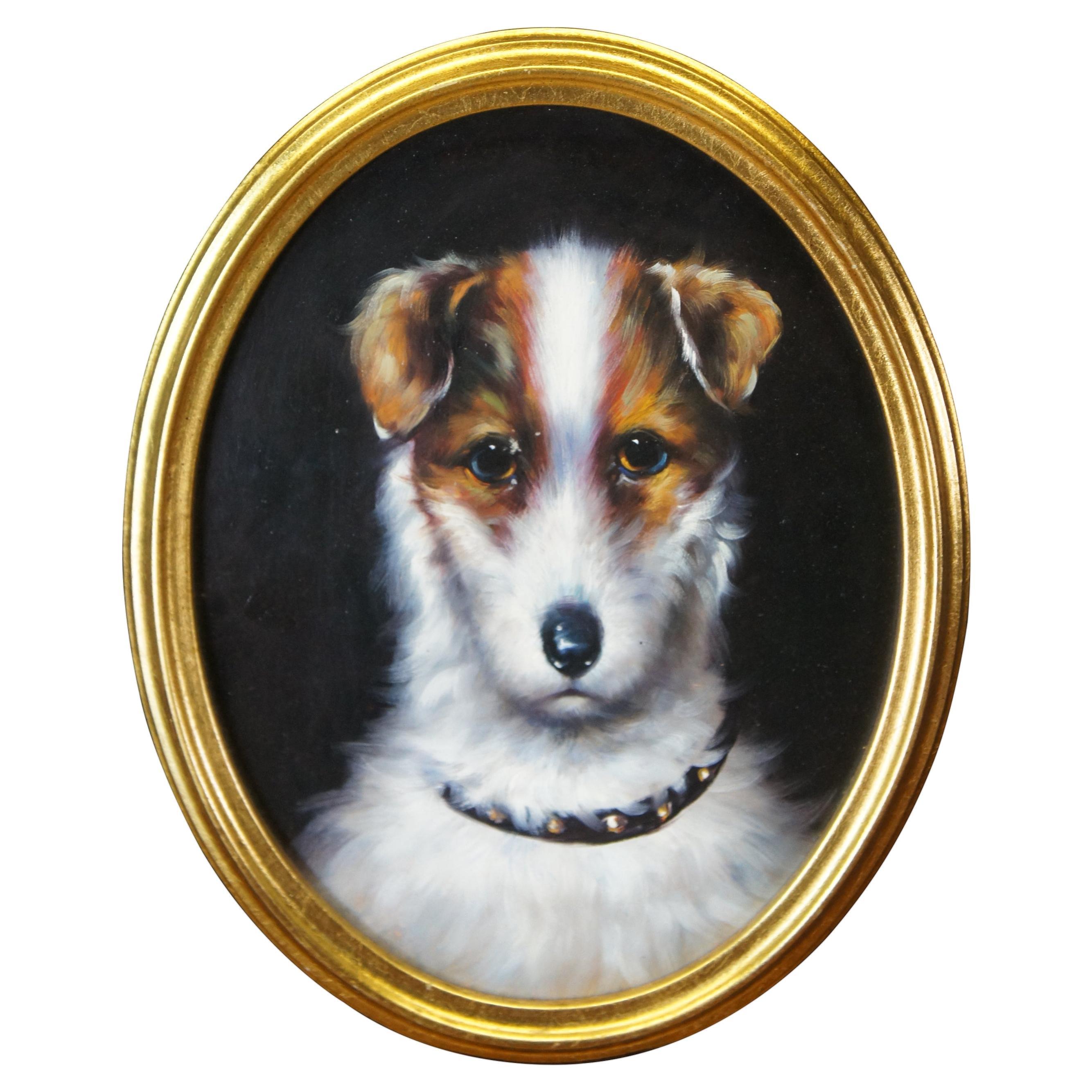 Vintage 20th Century Terrier Portrait Oil Painting on Board Gold Frame Realism  For Sale