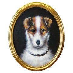 Antique 20th Century Terrier Portrait Oil Painting on Board Gold Frame Realism 