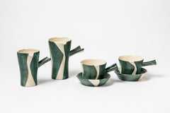 Vintage 20th Century White and Green Coffee or Tea Set Signed circa 1950