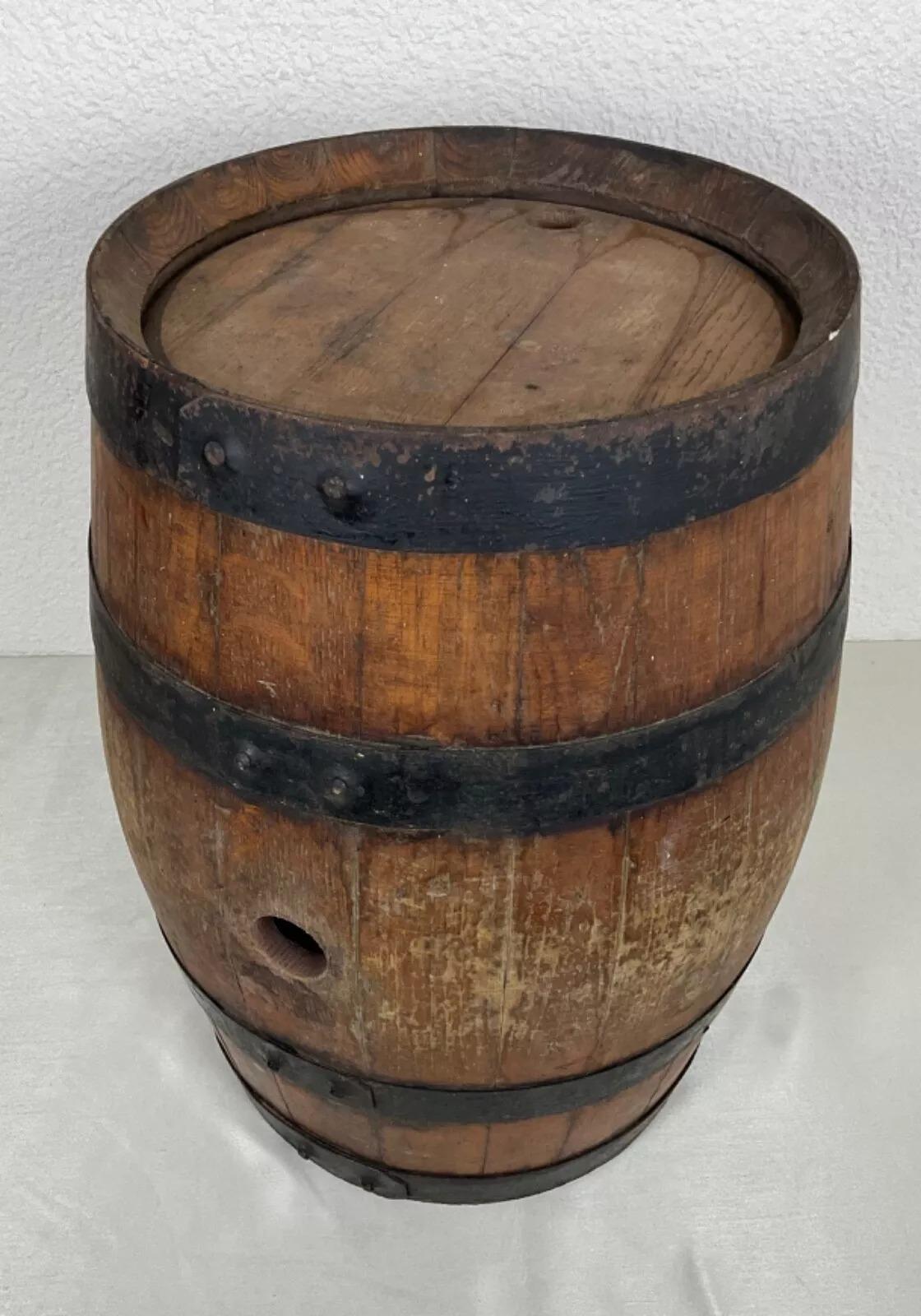 Vintage 20th Century Wooden Barrel with Forged Iron Bands and Stand - 2Y502 For Sale 1