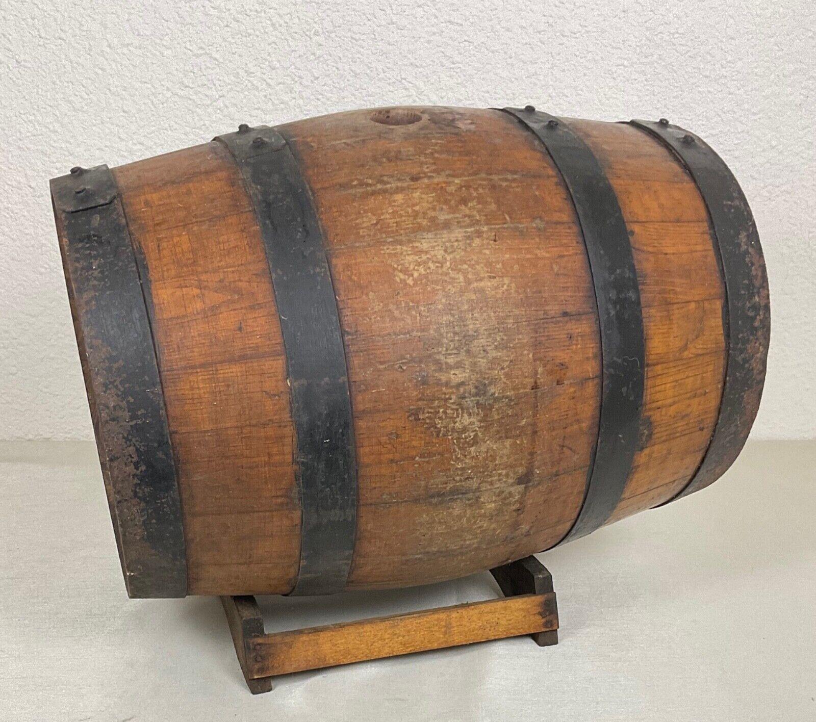 Vintage 20th Century Wooden Barrel with Forged Iron Bands and Stand - 2Y502 For Sale 2