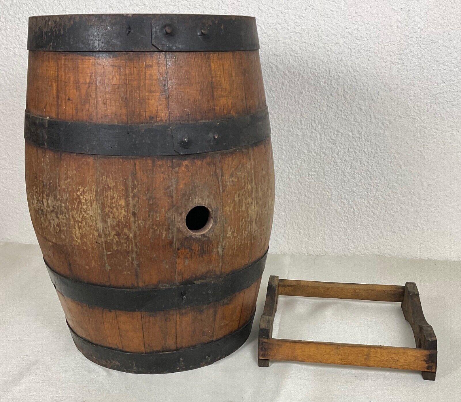 Vintage 20th Century Wooden Barrel with Forged Iron Bands and Stand - 2Y502 For Sale 4