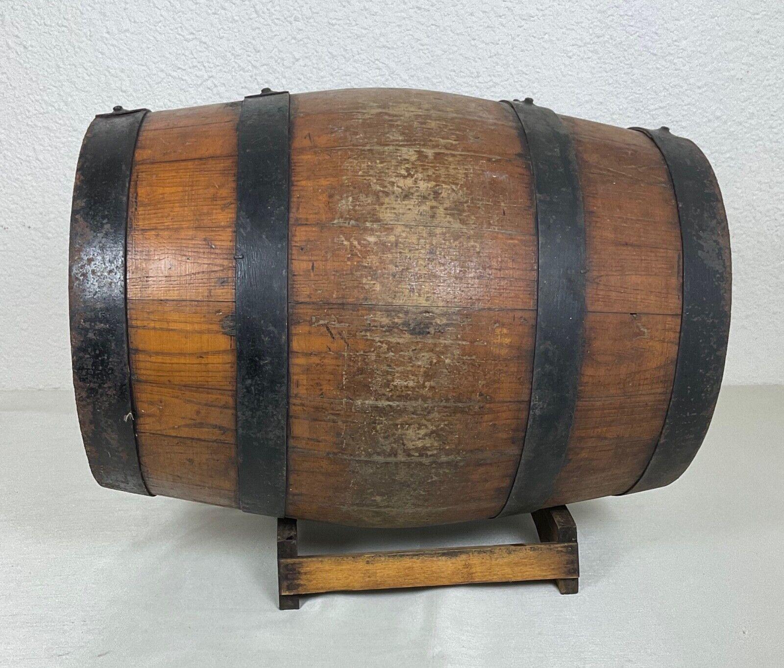 Vintage 20th Century Wooden Barrel with Forged Iron Bands and Stand - 2Y502 For Sale 5