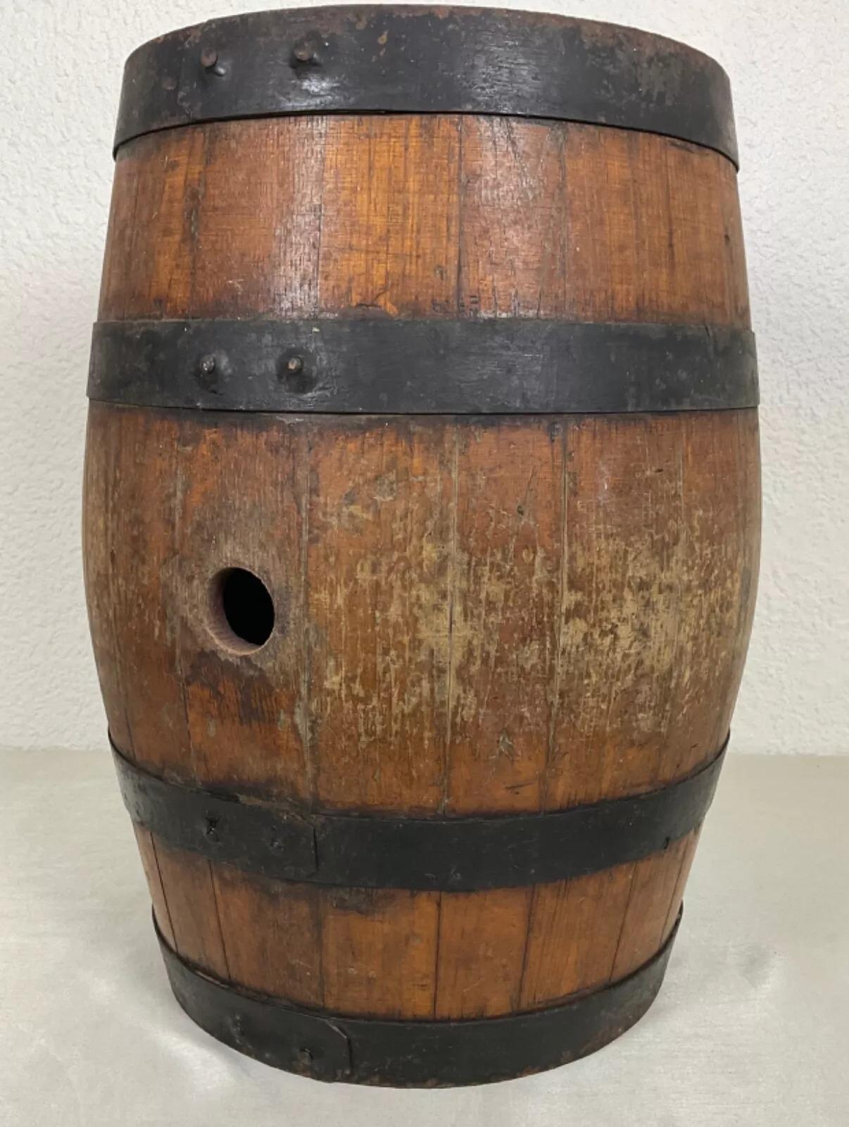Vintage 20th Century Wooden Barrel with Forged Iron Bands and Stand - 2Y502 For Sale 6