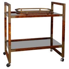 Vintage 20thC Burr Yew, Brass & Glass Drinks Trolley & Serving Tray c.1970