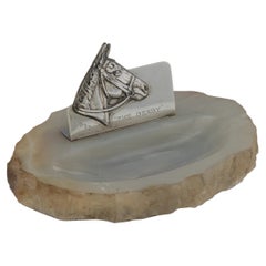 VINTAGE 20thC ENGLISH SOLID SILVER & AGATE HORSE RACING THEMED ASHTRAY c.1956