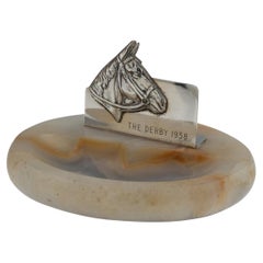 Vintage 20thC English Solid Silver & Agate Horse Racing Themed Ashtray c.1957