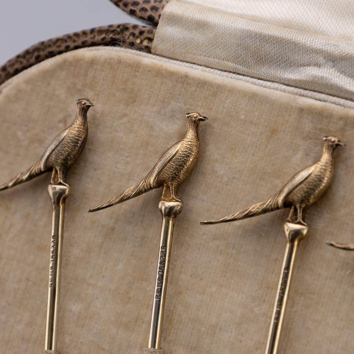 Vintage 20thC Englisch massivem Silber Satz von sechs Fasan Cocktail-Sticks c.1937 im Angebot 5