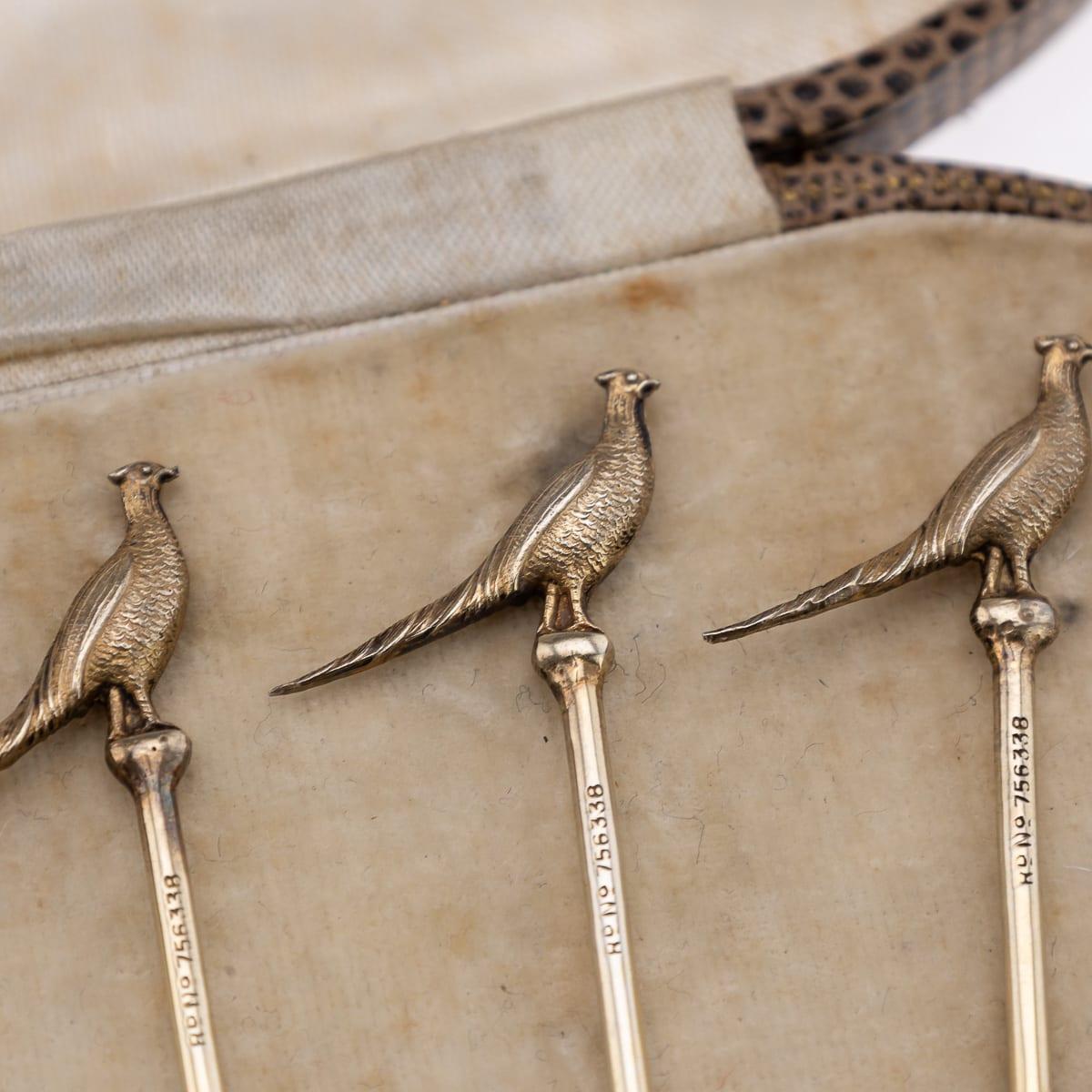 Vintage 20thC Englisch massivem Silber Satz von sechs Fasan Cocktail-Sticks c.1937 (20. Jahrhundert) im Angebot