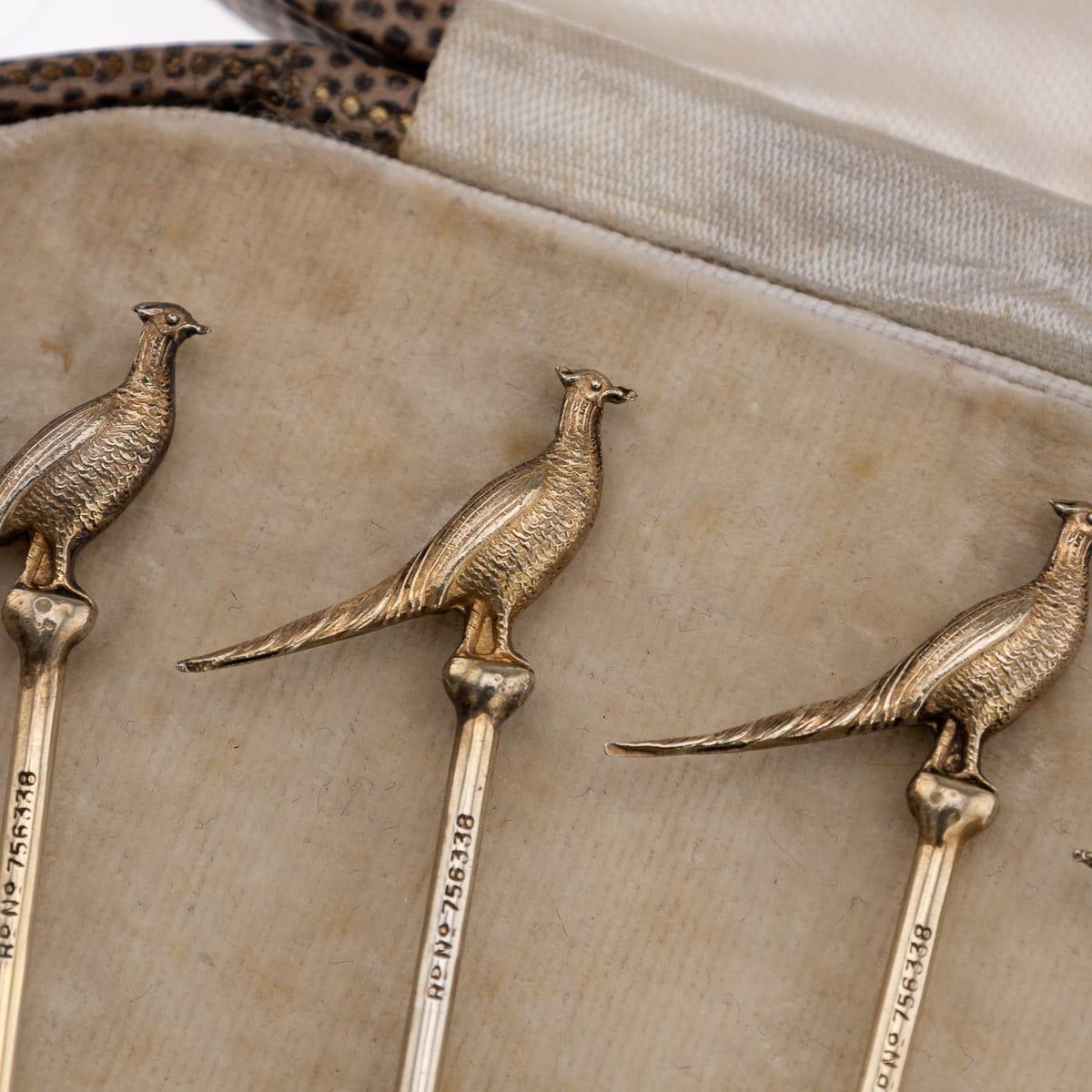 Vintage 20thC Englisch massivem Silber Satz von sechs Fasan Cocktail-Sticks c.1937 im Angebot 1