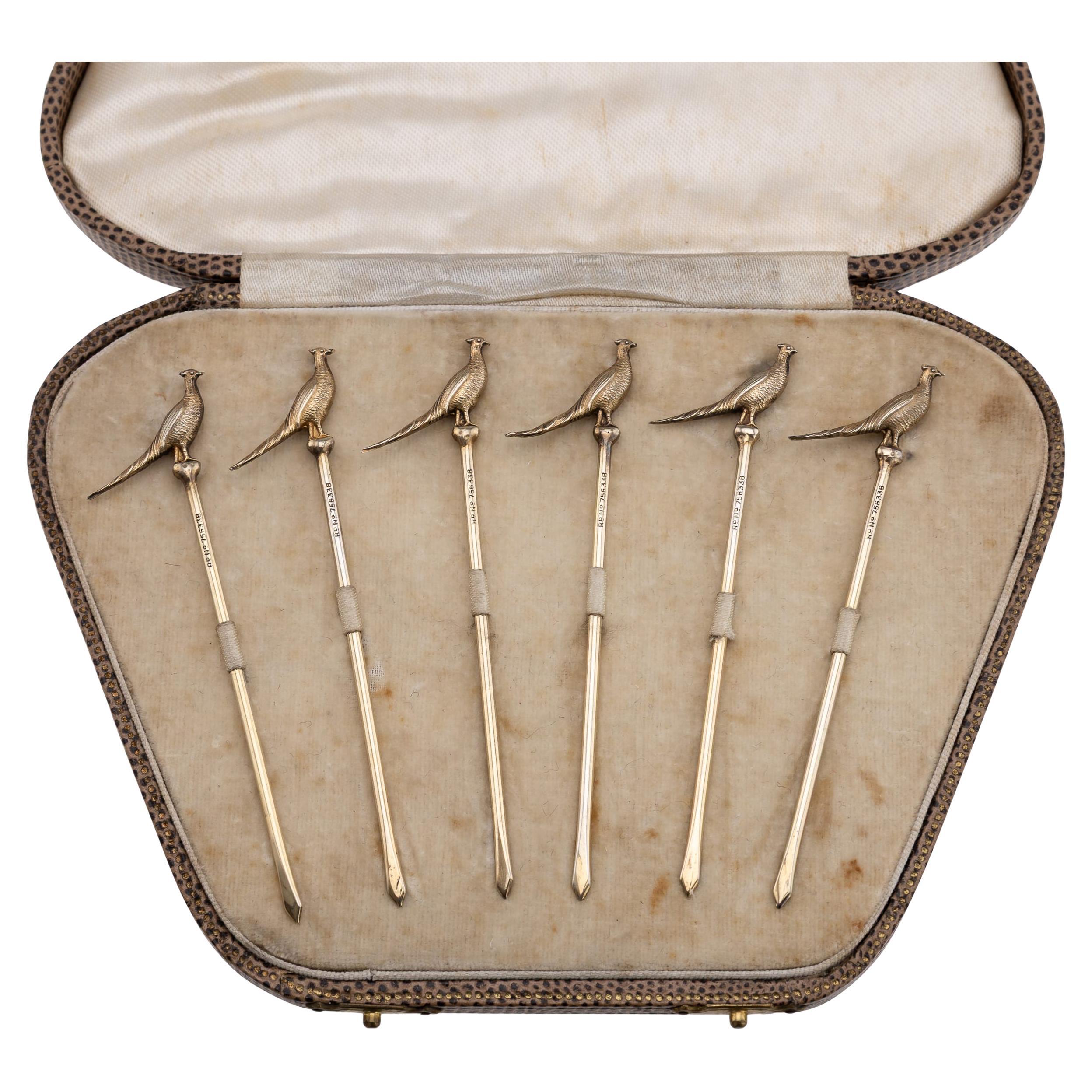 Vintage 20thC English Solid Silver Set Of Six Pheasant Cocktail Sticks c.1937