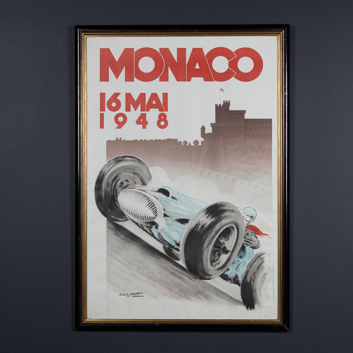Ein wunderschönes gerahmtes Plakat des französischen Künstlers Geo Ham (Georges Hamel) aus dem 20. Jahrhundert, das an den ersten Grand Prix von Monaco nach dem Zweiten Weltkrieg erinnert. Es zeigt den blauen Maserati, wie er durch die Straßen von