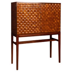 Vintage 20thC Italian Dry Bar Cabinet With 'Woven' Front Decor On Stand c.1960