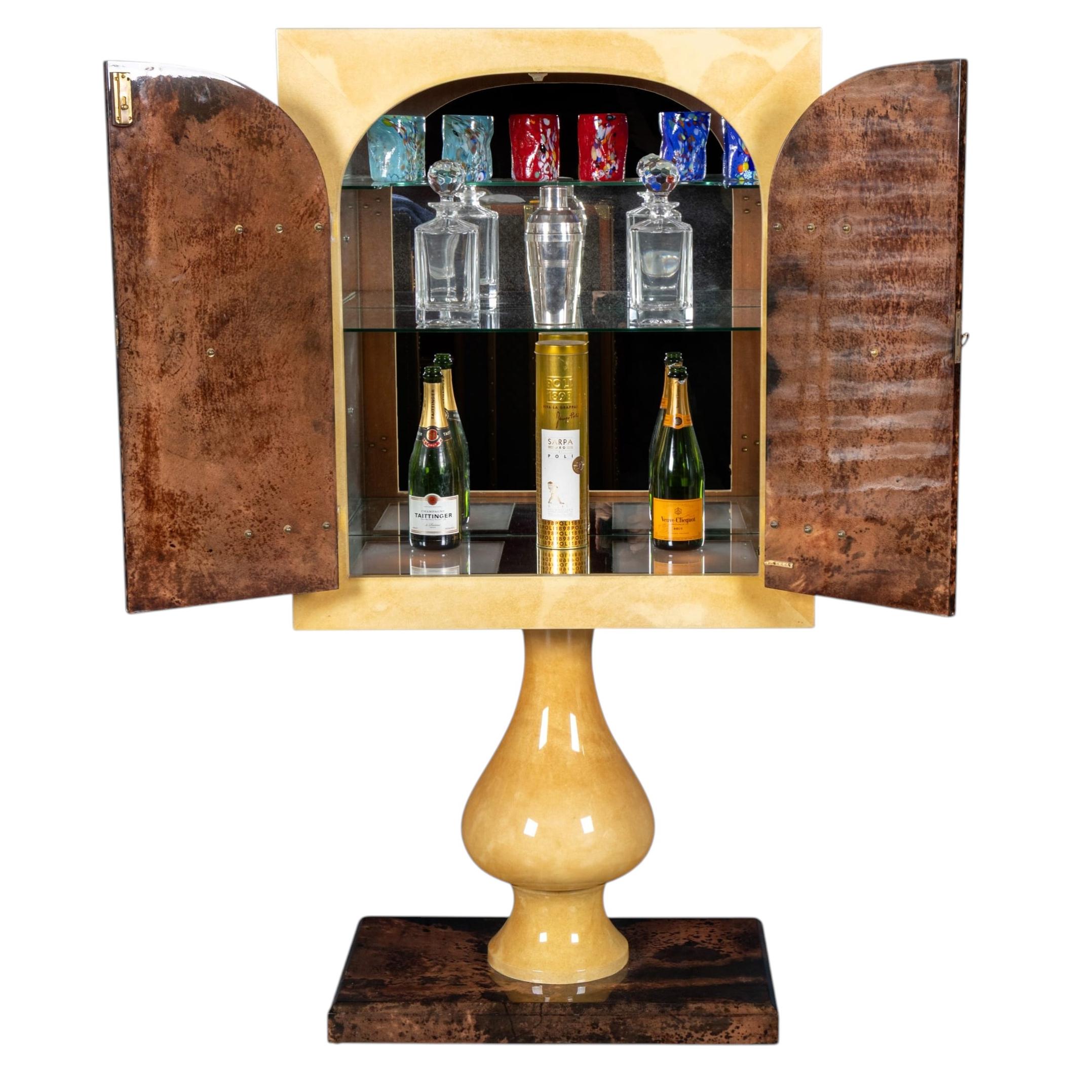 Vintage 20thC Italian Goatskin Bar Cabinet On Pedestal Base By Aldo Tura c.1960