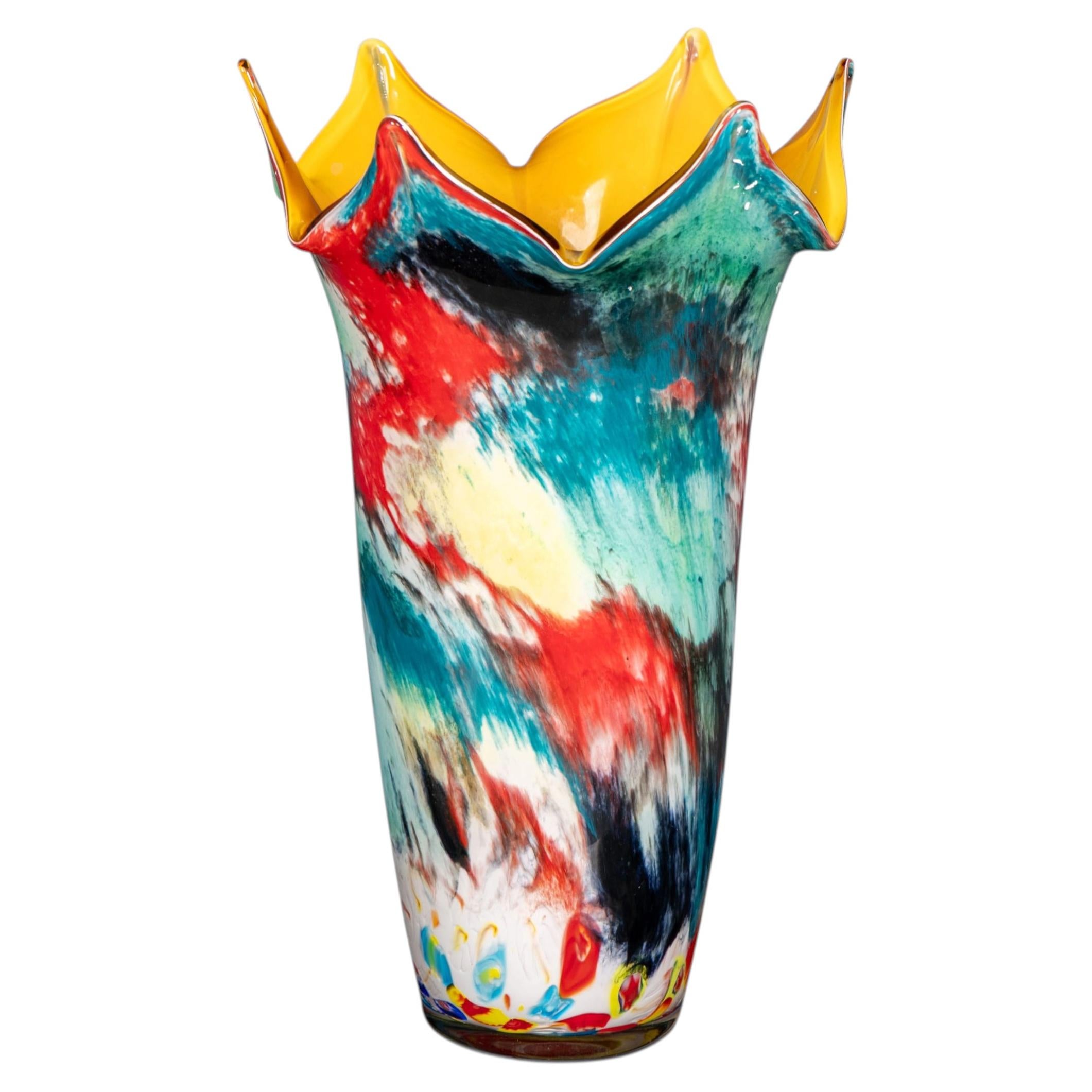 Vintage 20thC Italian Hand Blown Millefiori Glass Vase, Made In Murano