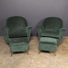 Vintage 20thC Italian Pair Of Green Fabric Armchairs With Ottomans c.1950