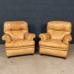Vintage 20thC Italian Pair Of Tan Leather Armchairs By Poltrona Frau c.1970
