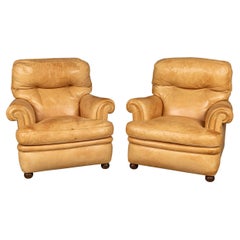 Vintage 20thC Italian Pair Of Tan Leather Armchairs By Poltrona Frau c.1970