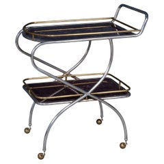 Vintage 20thC Italian Steel & Glass Drinks Trolley With Marble Effect c.1980