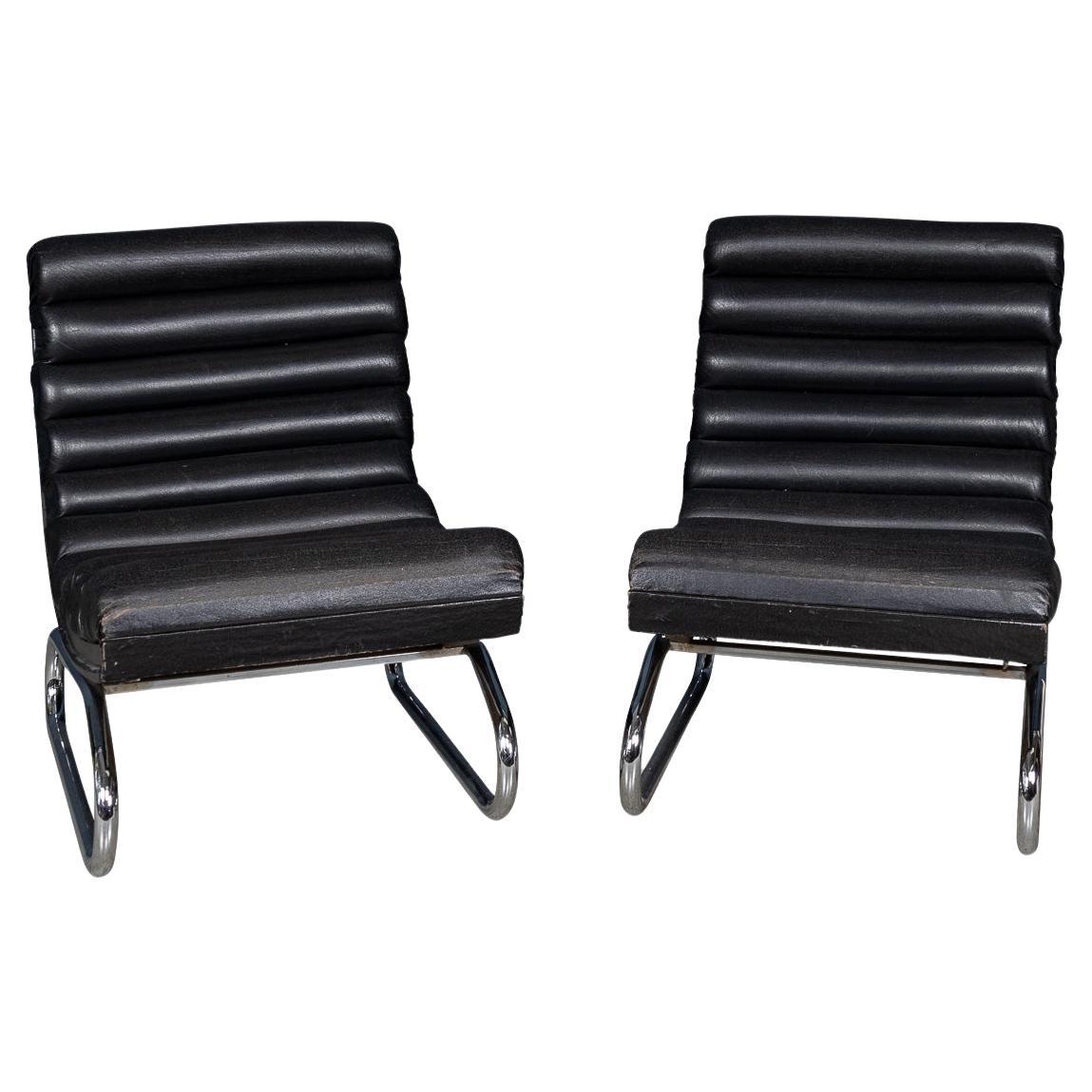 Vintage 20thC Pair Of Italian Bauhaus Inspired Black Leather Armchairs c.1970