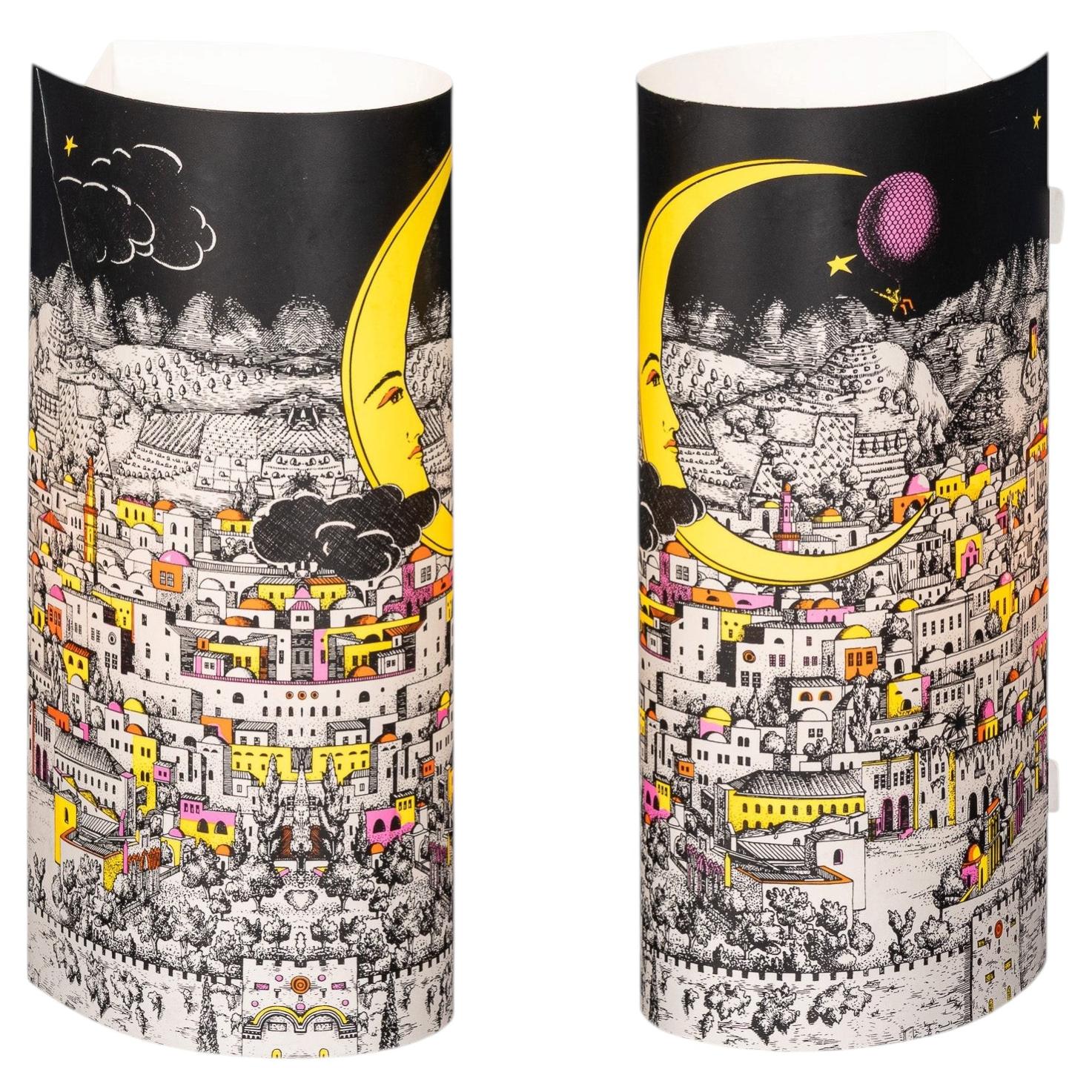 Vintage 20thC Pair Of Italian Fornasetti "Luna Città" Table Lamps By Antonangeli