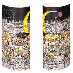 Coppia di lampade da tavolo italiane Fornasetti "Luna Città" del XX secolo, realizzate da Antonangeli