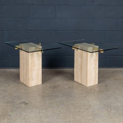 Vintage 20thC Pair Of Italian Travertine & Brass Side Tables By Artedi c.1970