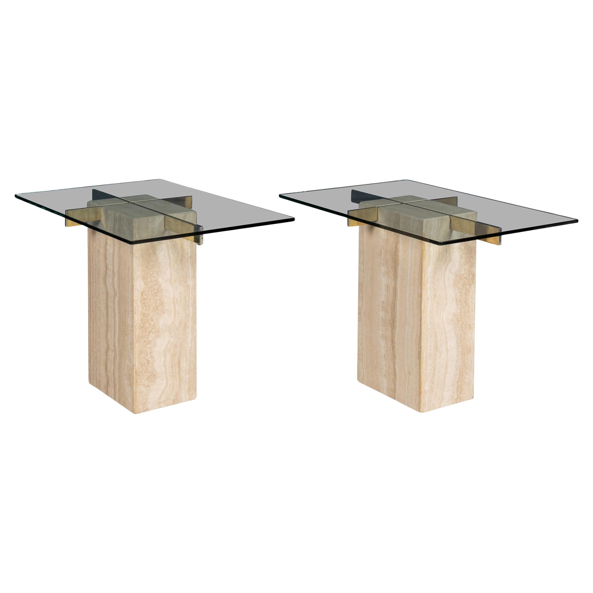 Vintage 20thC Pair Of Italian Travertine 
Brass Side Tables By Artedi c.1970 For Sale