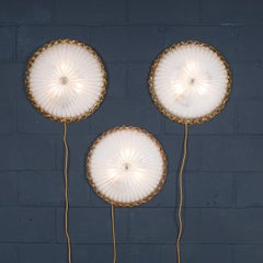 Vintage 20thC Set Of Three Frosted Glass & Brass Wall Lights, Murano c.1980