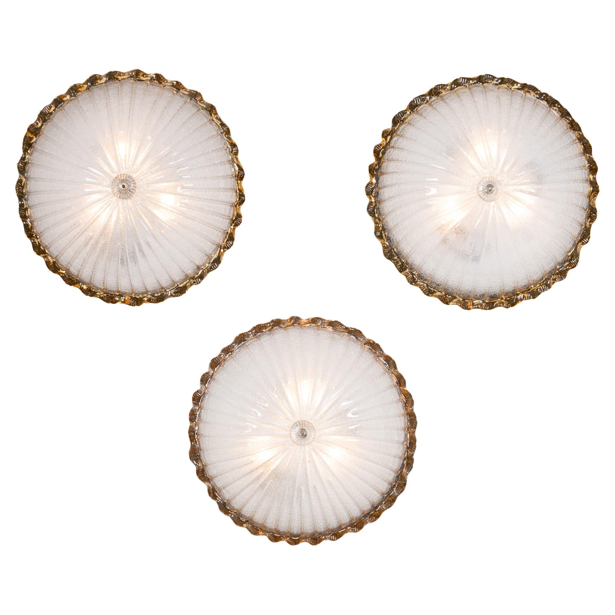 Vintage 20thC Set Of Three Frosted Glass 
Brass Wall Lights, Murano c.1980 For Sale