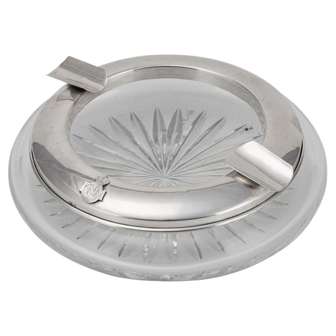 Vintage 20thC Silver Plated & Cut Glass Cigar Ashtray With Naval Badge c.1930
