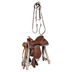 Vintage 20thC Western Leather Horse Saddle With Bridle & Martingale c.1970