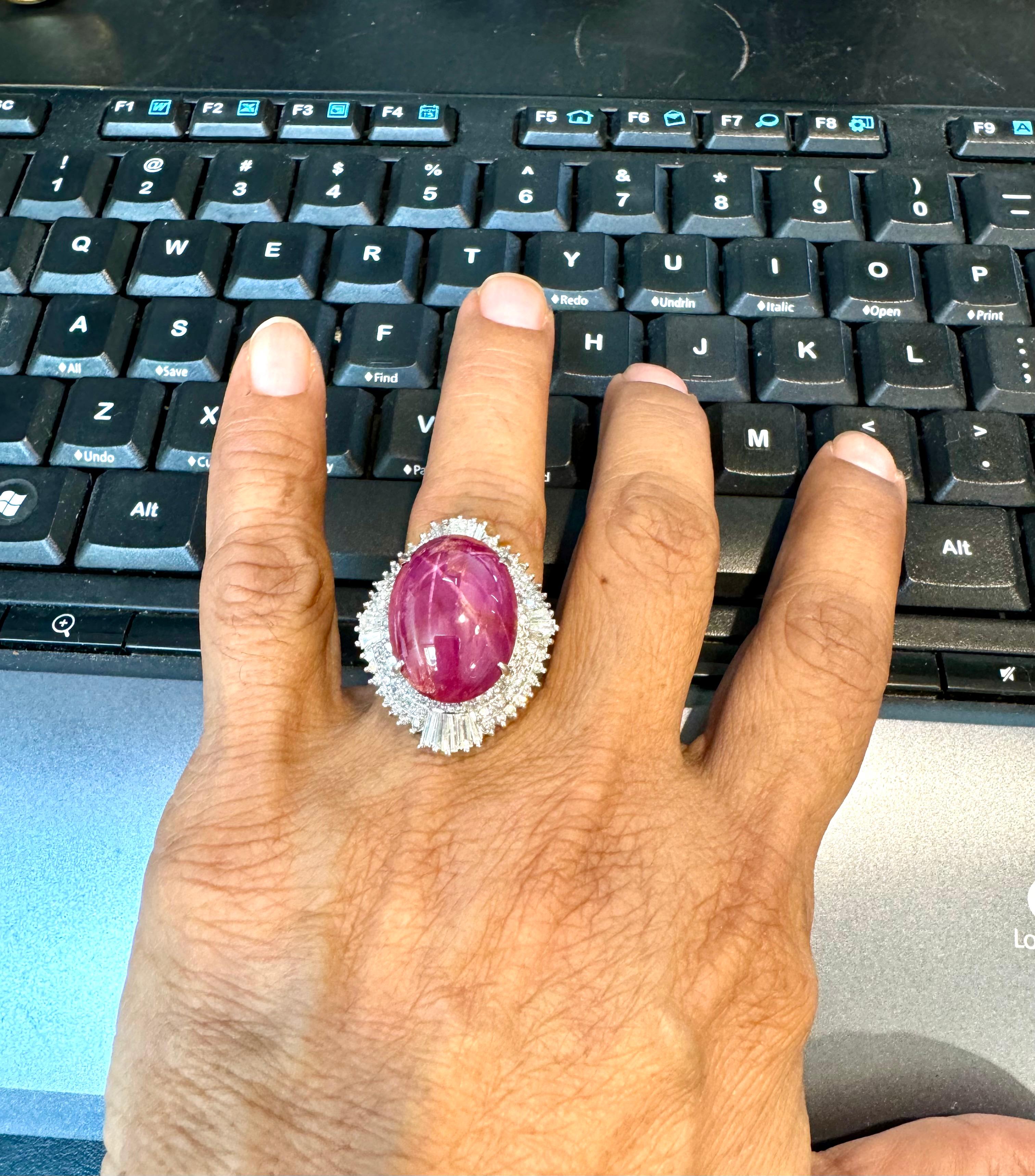 Vintage 21 Ct Star Oval Natural Ruby Cabochon & 2.45 Ct Diamond Ring , Platinum For Sale 5