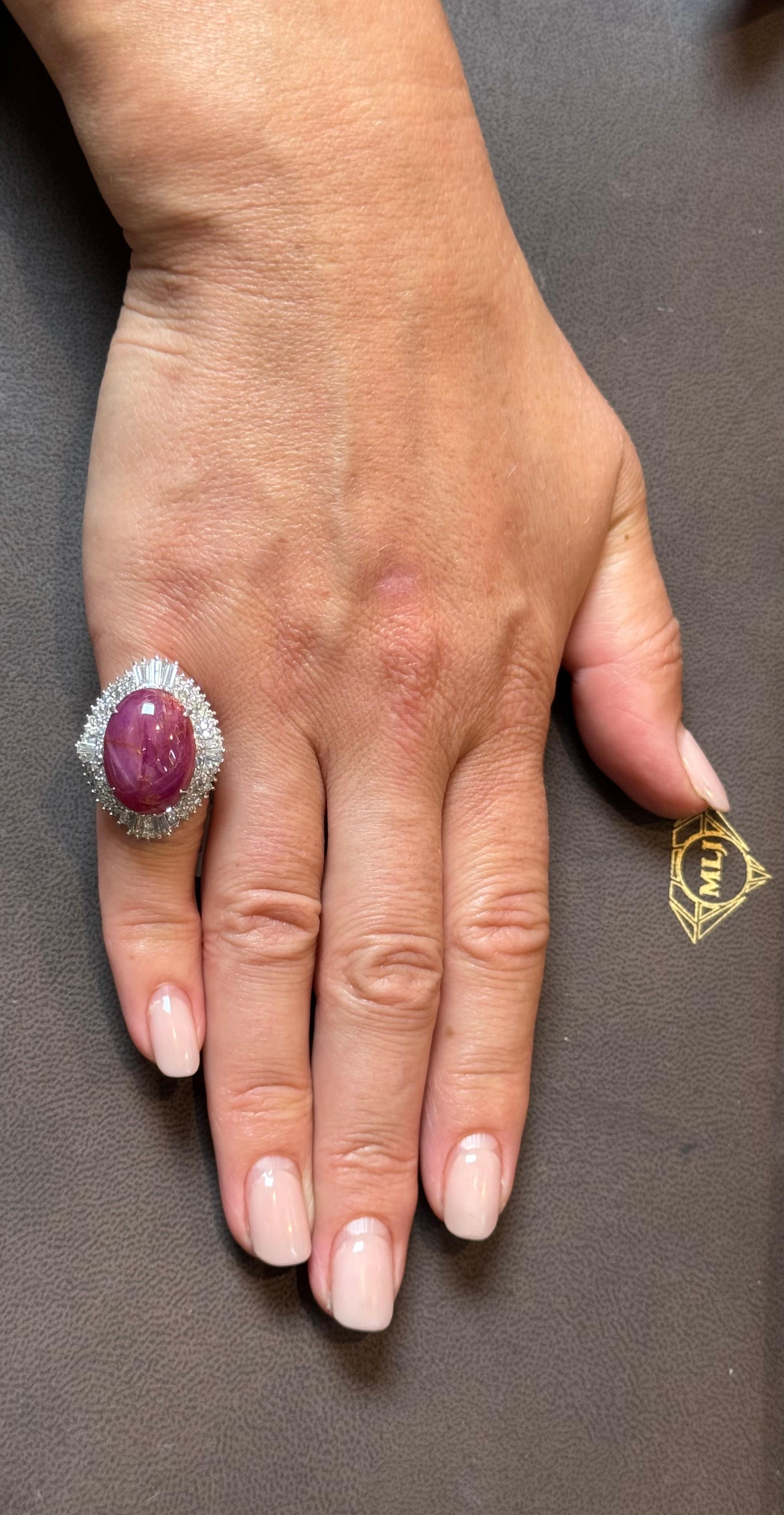 Vintage 21 Ct Star Oval Natural Ruby Cabochon & 2.45 Ct Diamond Ring , Platinum For Sale 11