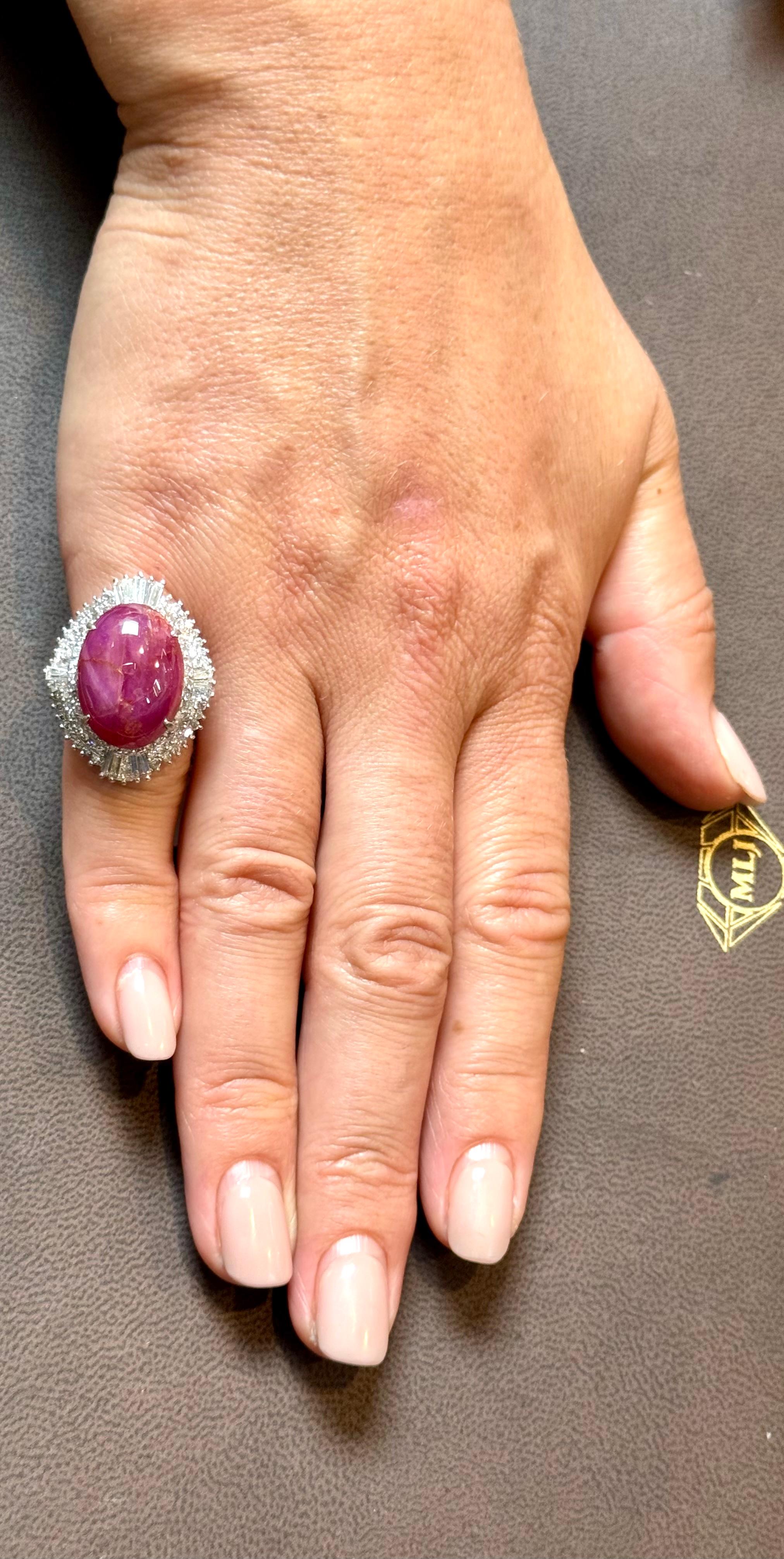 Vintage 21 Ct Star Oval Natural Ruby Cabochon & 2.45 Ct Diamond Ring , Platinum For Sale 12