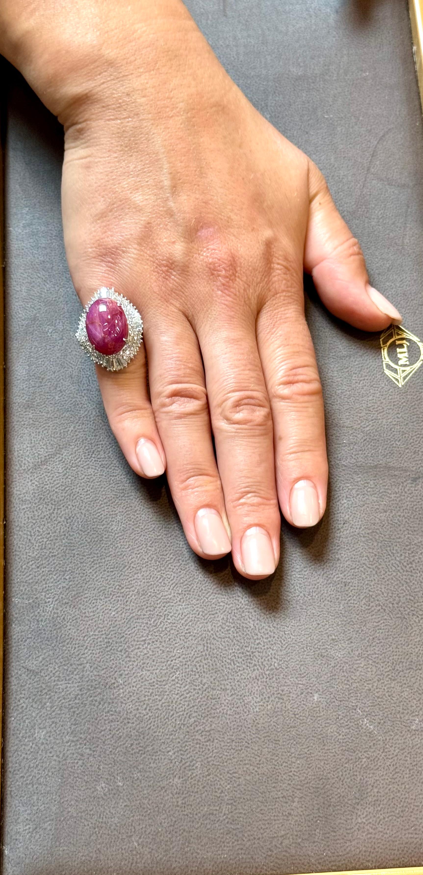 Vintage 21 Ct Star Oval Natural Ruby Cabochon & 2.45 Ct Diamond Ring , Platinum For Sale 13