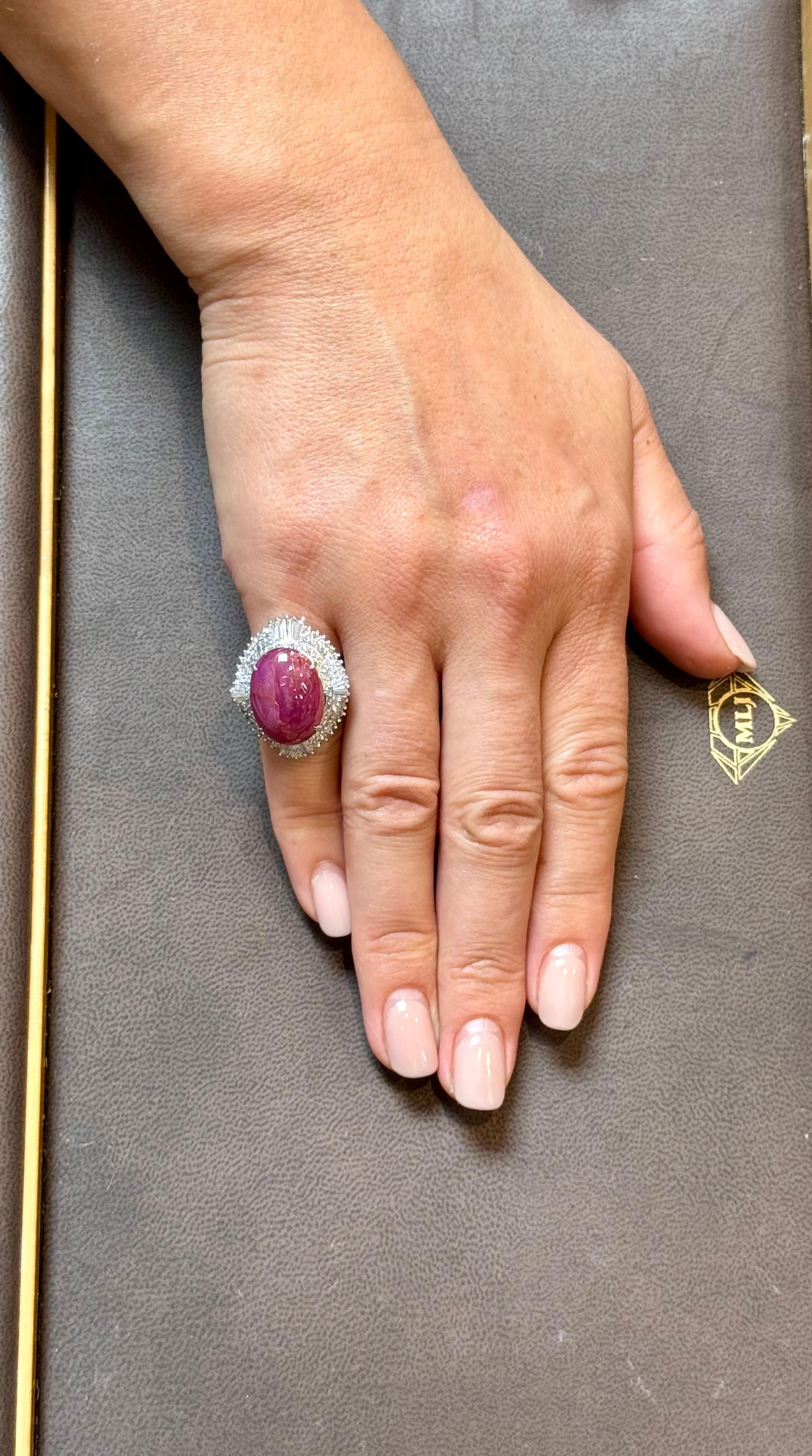 Vintage 21 Ct Star Oval Natural Ruby Cabochon & 2.45 Ct Diamond Ring , Platinum For Sale 14