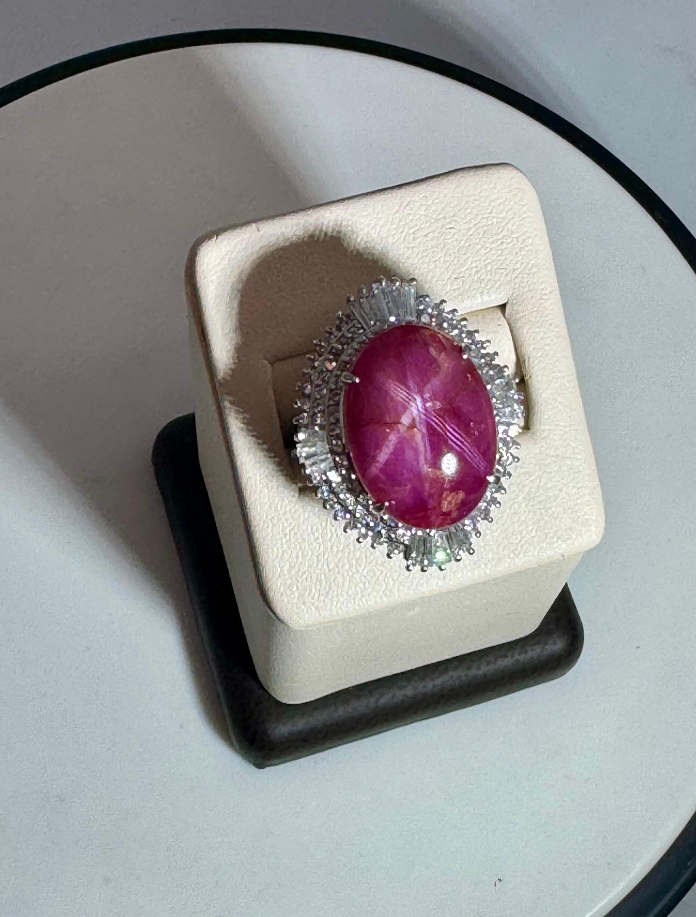 Oval Cut Vintage 21 Ct Star Oval Natural Ruby Cabochon & 2.45 Ct Diamond Ring , Platinum For Sale