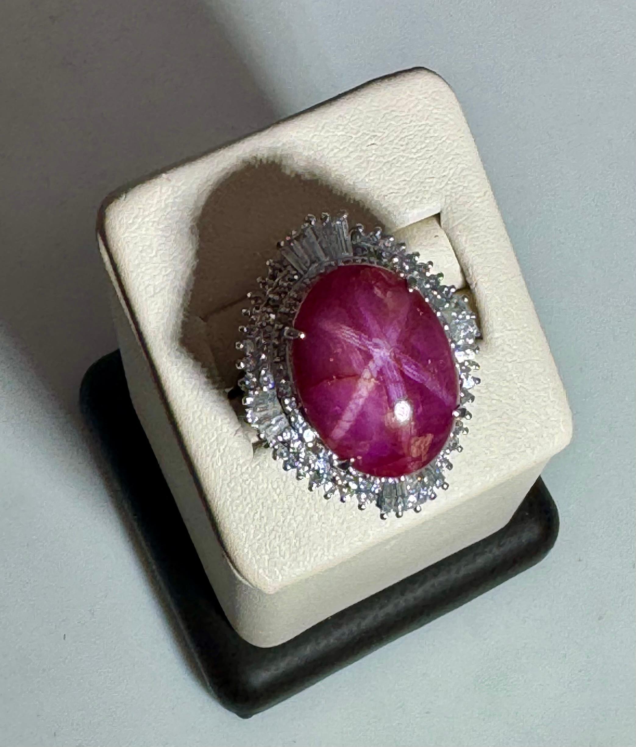 Vintage 21 Ct Star Oval Natural Ruby Cabochon & 2.45 Ct Diamond Ring , Platinum In Excellent Condition For Sale In New York, NY