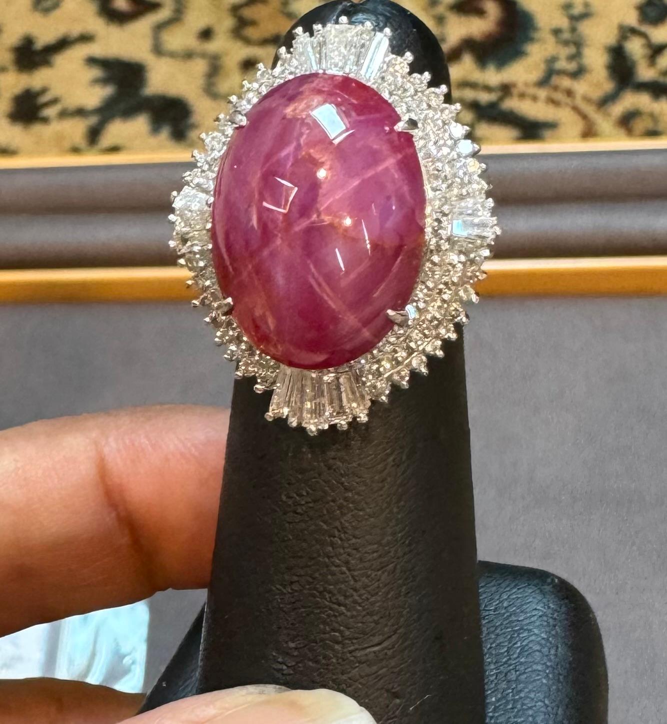 Women's Vintage 21 Ct Star Oval Natural Ruby Cabochon & 2.45 Ct Diamond Ring , Platinum For Sale