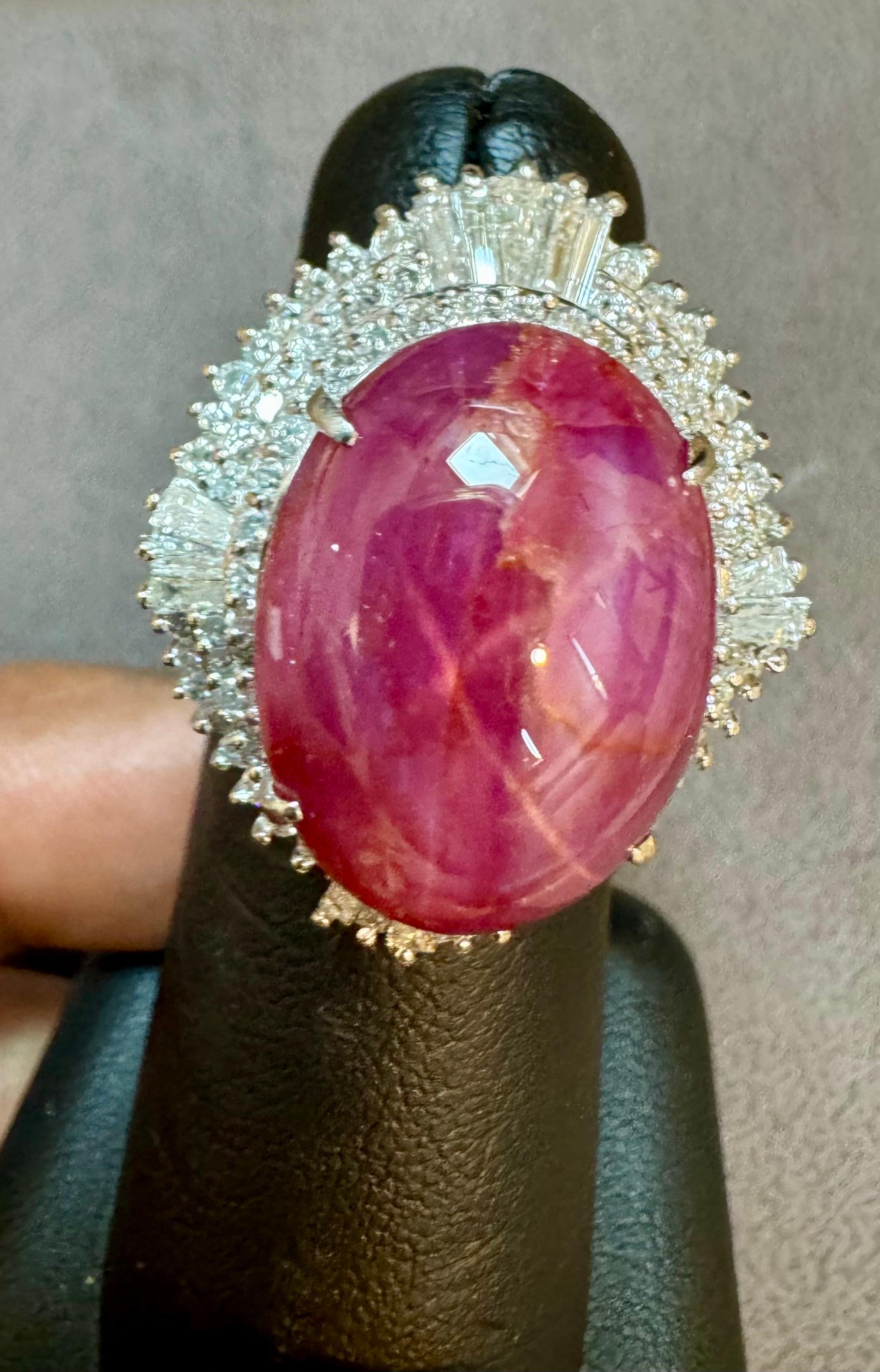 Vintage 21 Ct Star Oval Natural Ruby Cabochon & 2.45 Ct Diamond Ring , Platinum For Sale 1