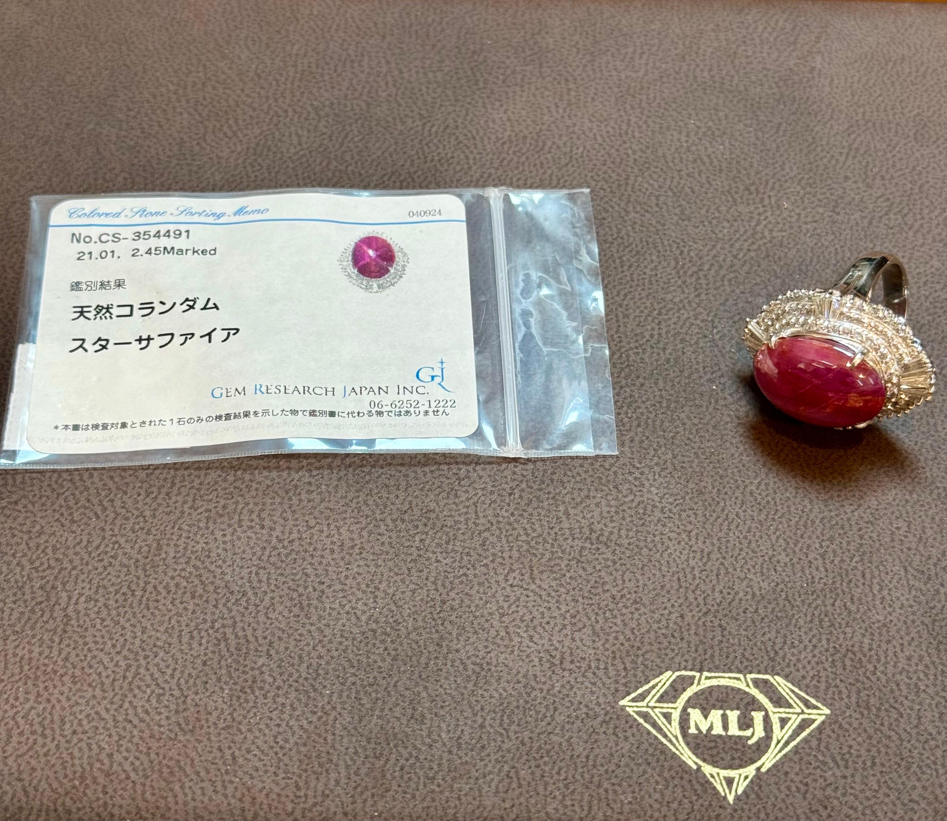 Vintage 21 Ct Star Oval Natural Ruby Cabochon & 2.45 Ct Diamond Ring , Platinum For Sale 2
