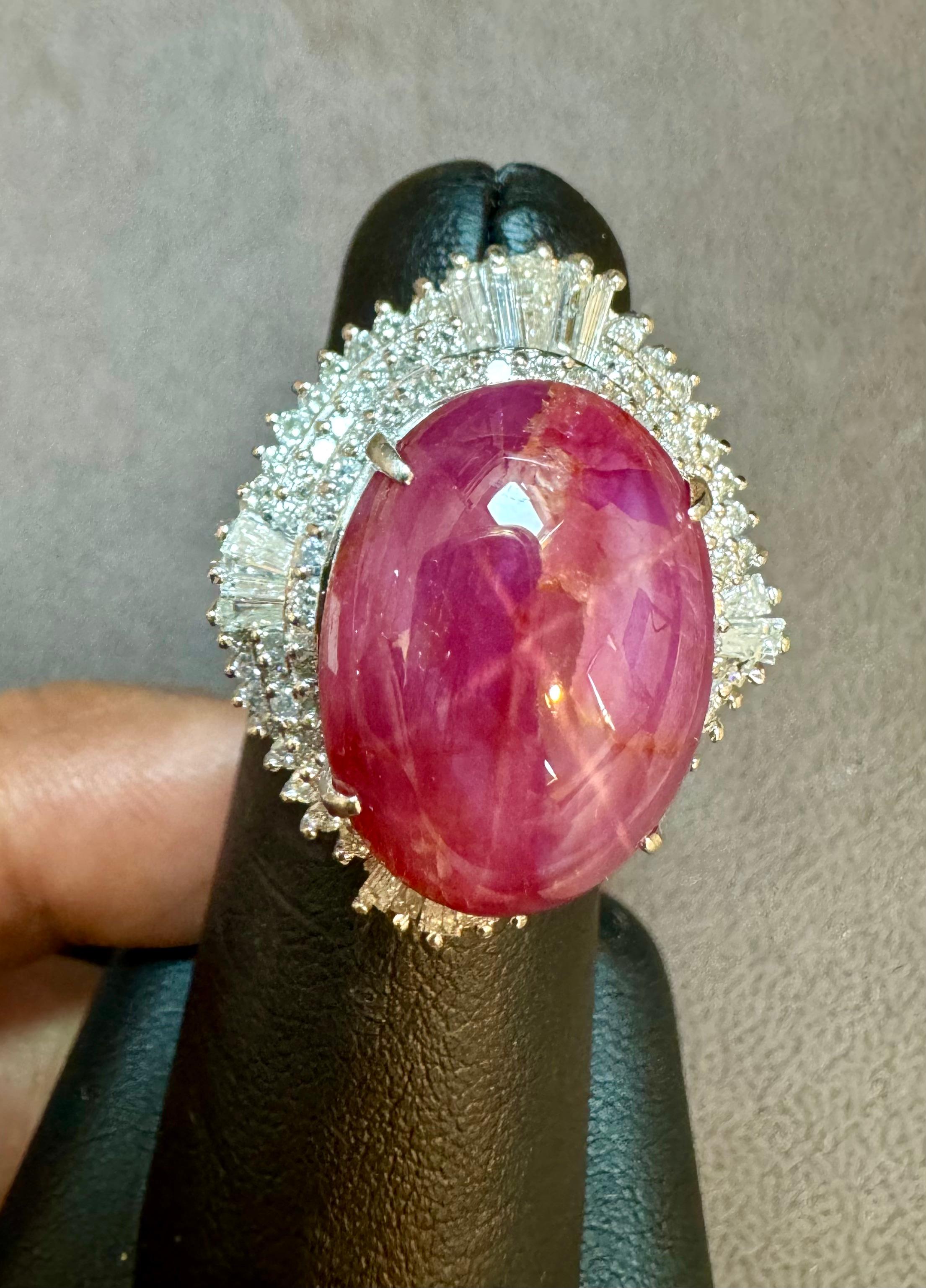 Vintage 21 Ct Star Oval Natural Ruby Cabochon & 2.45 Ct Diamond Ring , Platinum For Sale 3