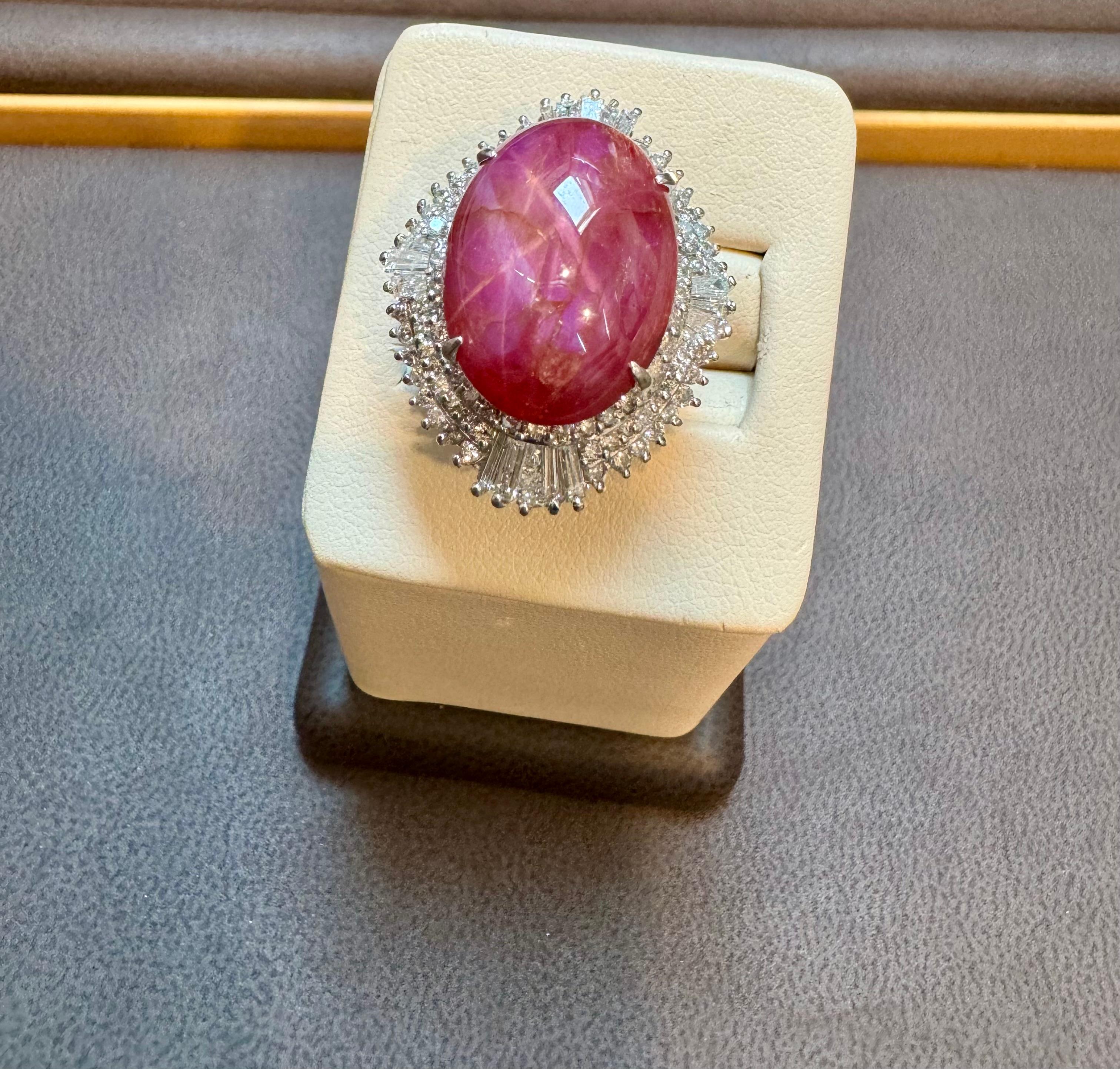 Vintage 21 Ct Star Oval Natural Ruby Cabochon & 2.45 Ct Diamond Ring , Platinum For Sale 4