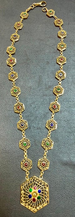 Vintage 21 karat Yellow Gold 30 Gm with Red , Blue & Green Enamel Necklace 16.5"